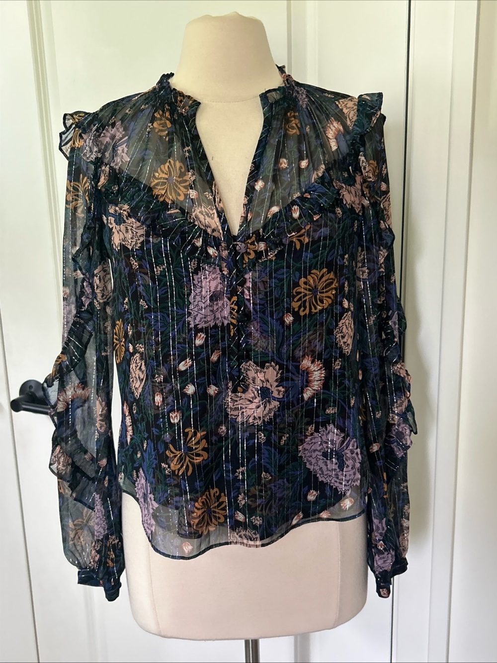 VERONICA BEARD size 4 Abra Luxe Ruffled Silk Blouse & Cami Metallic Floral top